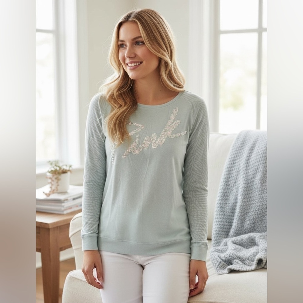 PINK by Victorias Secret Mint Green Sequin Zebra Logo Top Lightweight R $35